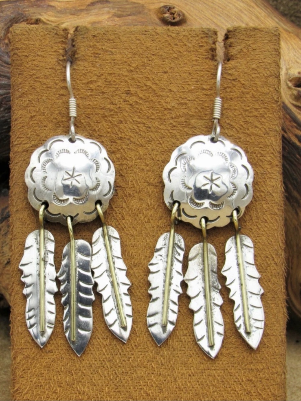 Sterling Silver  925 Mexican Concho and Dangling Feathers Earrings